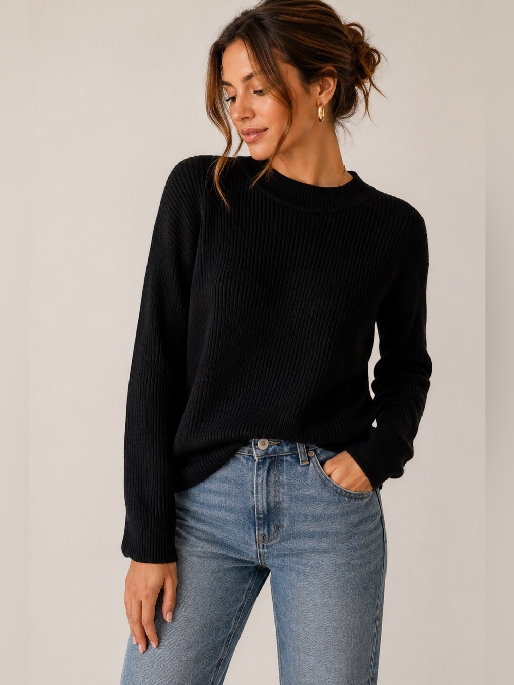 SAG Harbor Black Ribbed Knit Sweater Women’s Large Crew Neck Classic Soft